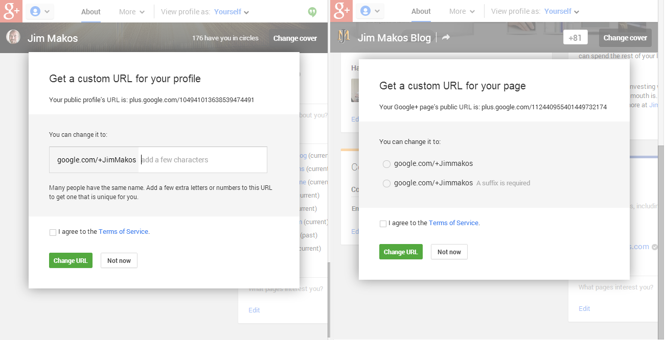 I cannot get my Google+ custom URL because my blog beat me to it!